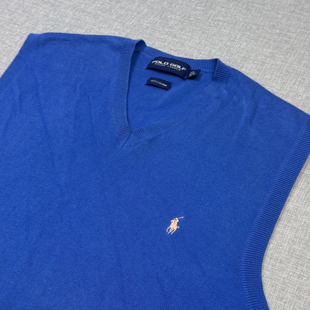 Polo Golf Ralph Lauren Vest Mens L‎ Blue Cotton V-Neck Sweater Golf Sleeveless